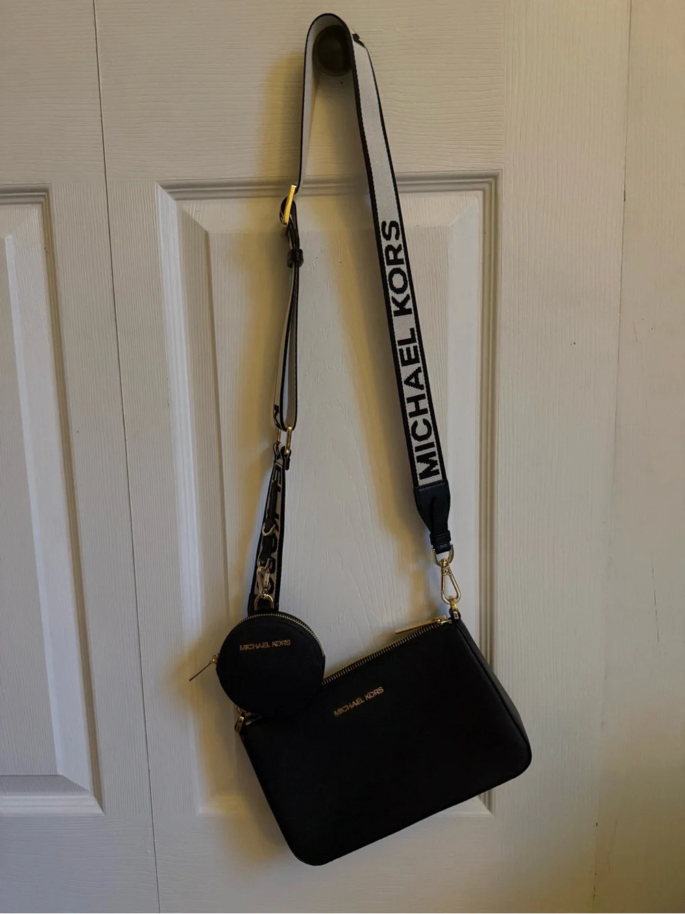 Michael Kors Black Crossbody with Branded White Strap and Coin Pouch